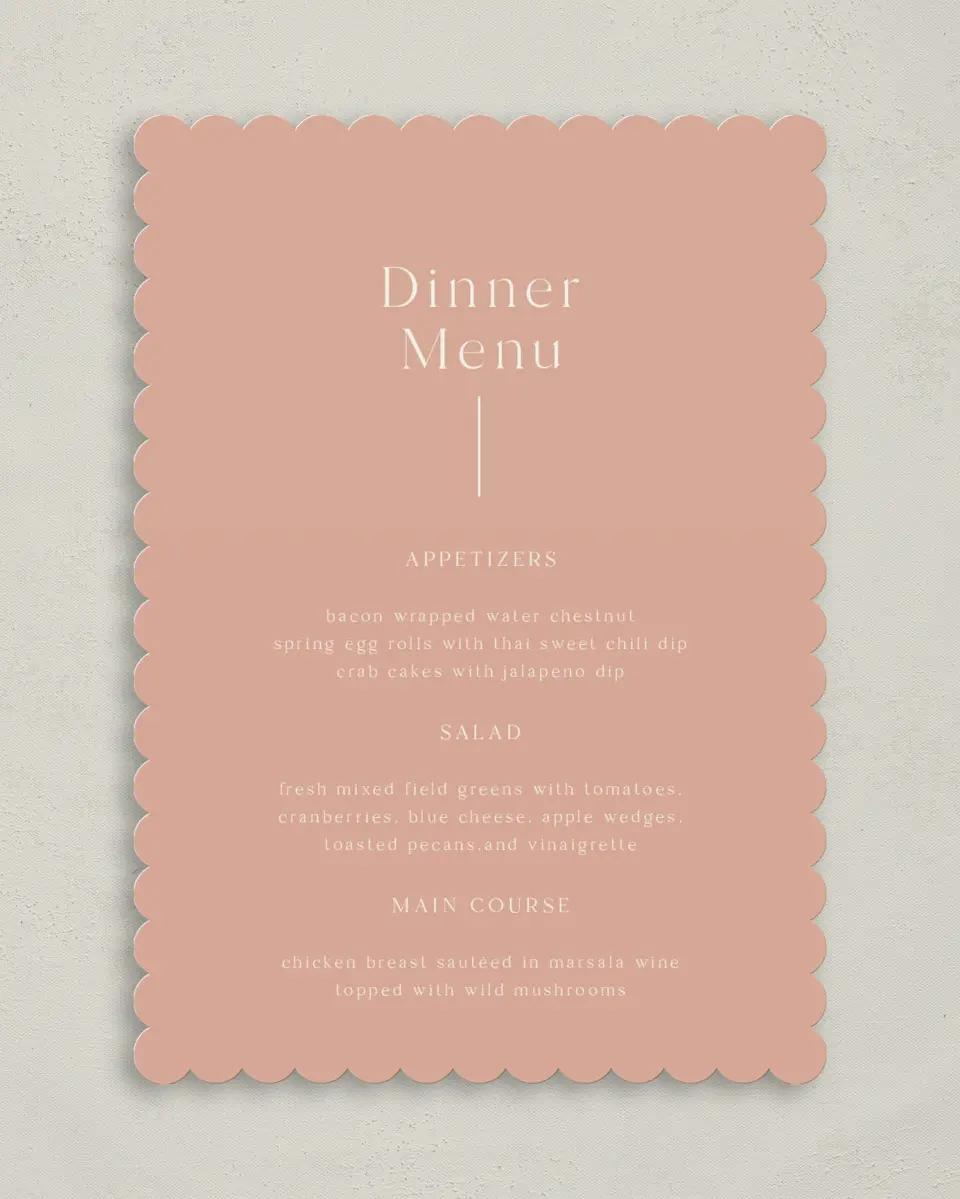 This is a 5" x 7" Wedding Menu Card called The Abrielle printed in full color on Premium Smooth paper