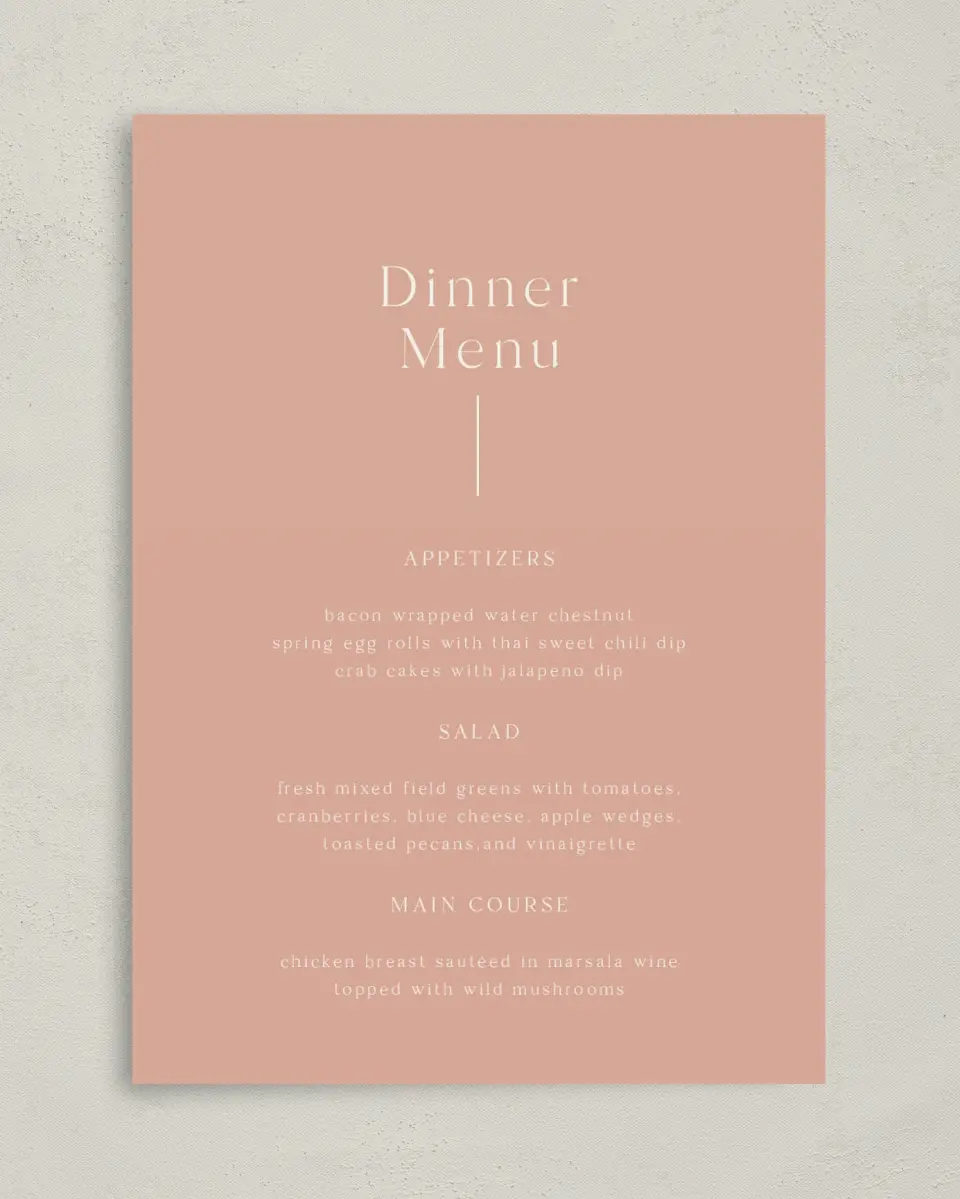 This is a 5" x 7" Wedding Menu Card called The Abrielle printed in full color on Premium Smooth paper