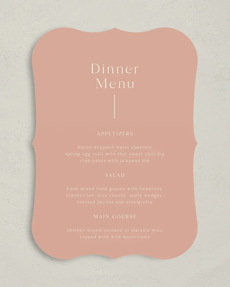This is a 5" x 7" Wedding Menu Card called The Aubrielle printed in full color with Silver foil on Luxe Satin (coated) paper