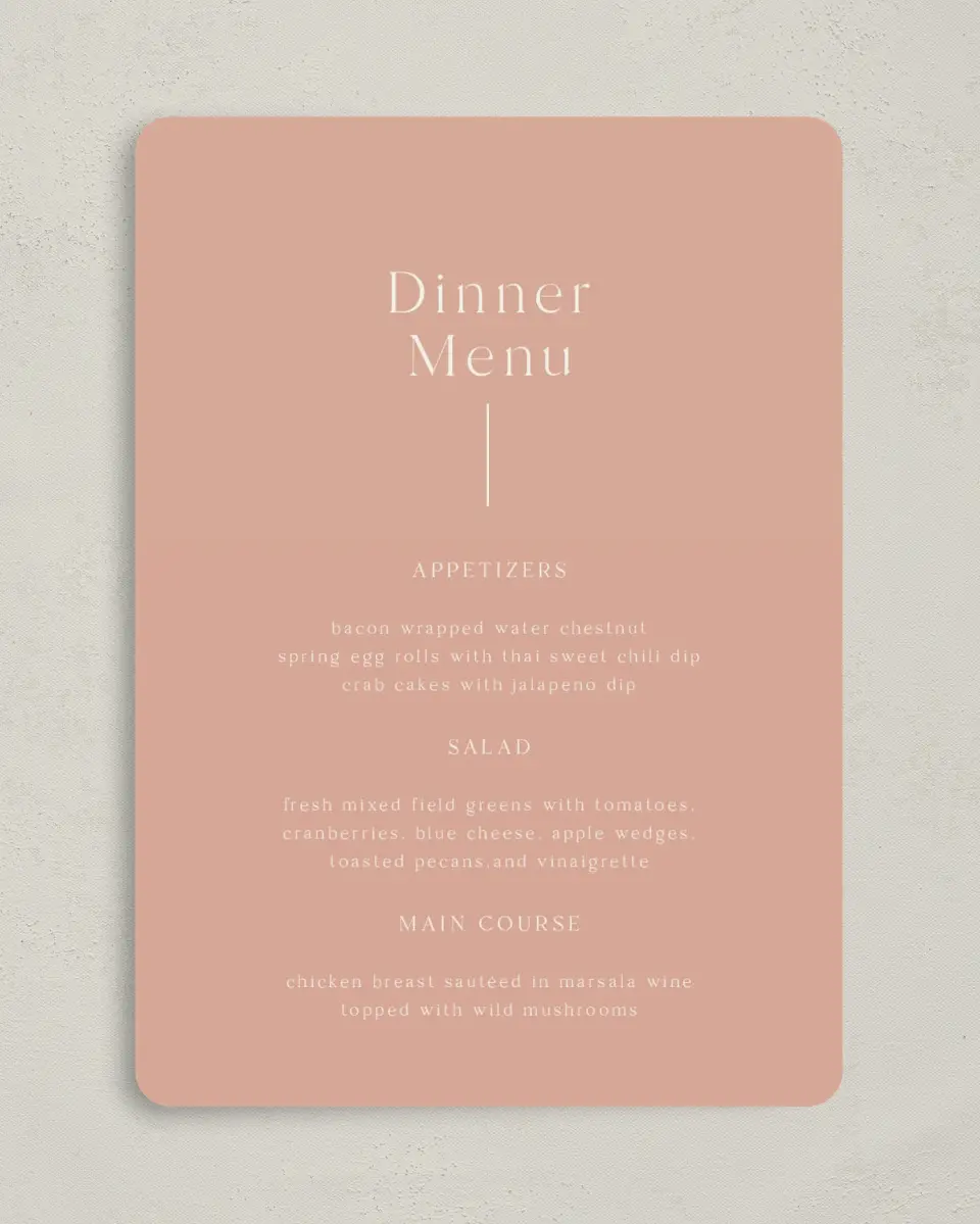 This is a 5" x 7" Wedding Menu Card called The Aubrielle printed in full color on Premium Smooth paper