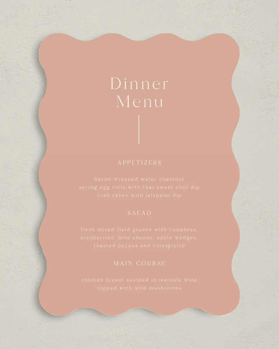 This is a 5" x 7" Wedding Menu Card called The Aubrielle printed in full color on Premium Smooth paper