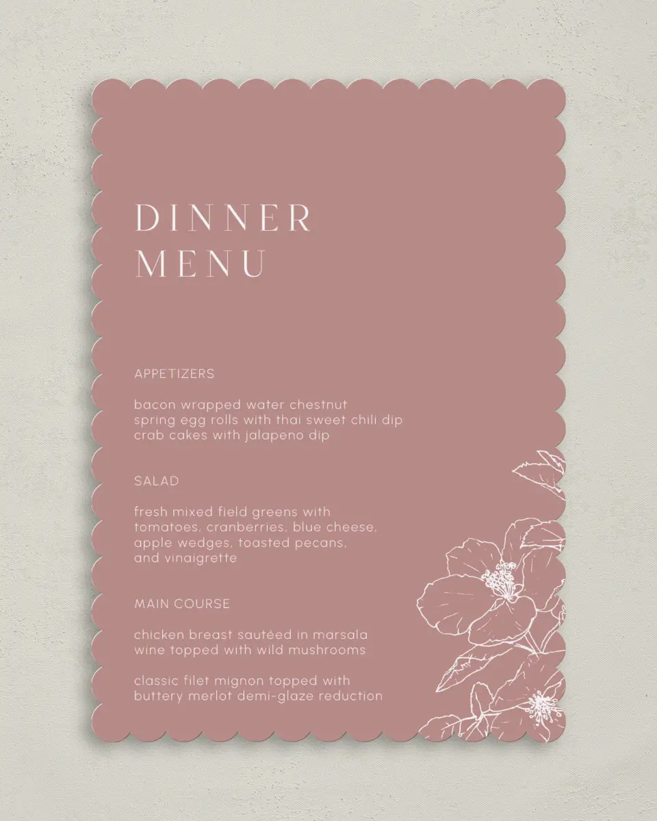 This is a 5" x 7" Wedding Menu Card called The Kinsley printed in full color on Premium Smooth paper