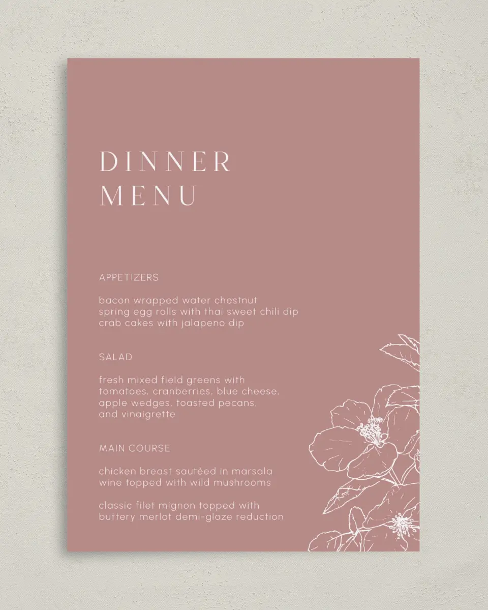 This is a 5" x 7" Wedding Menu Card called The Kinsley printed in full color on Premium Smooth paper