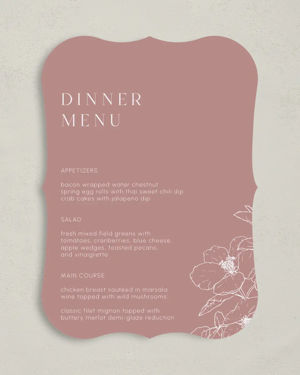 This is a 5" x 7" Wedding Menu Card called The Kinsley printed in full color with Silver foil on Luxe Satin (coated) paper