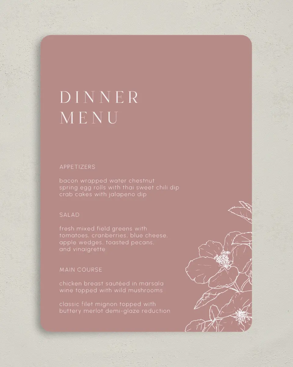 This is a 5" x 7" Wedding Menu Card called The Kinsley printed in full color on Premium Smooth paper