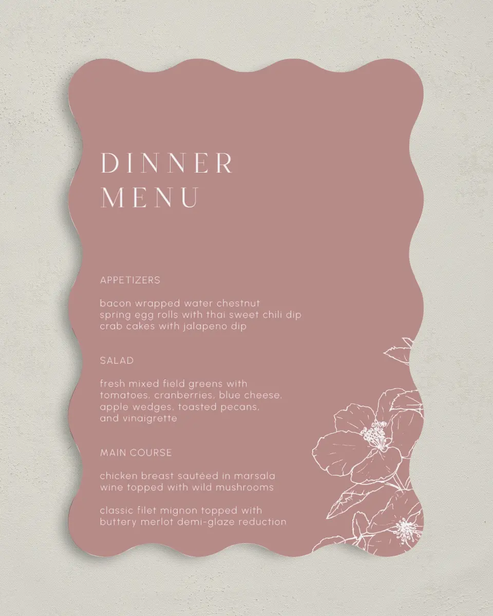 This is a 5" x 7" Wedding Menu Card called The Kinsley printed in full color on Premium Smooth paper