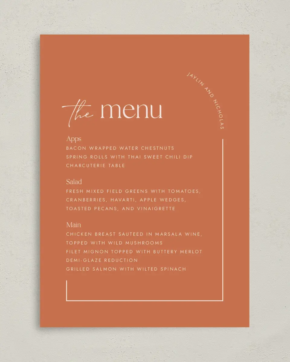 This is a 5" x 7" Wedding Menu Card called The Jaylin printed in full color on Premium Smooth paper