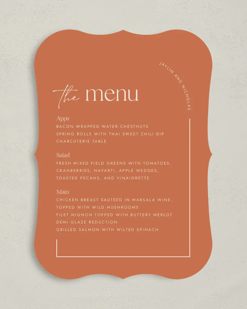 This is a 5" x 7" Wedding Menu Card called The Jaylin printed in full color with Silver foil on Luxe Satin (coated) paper