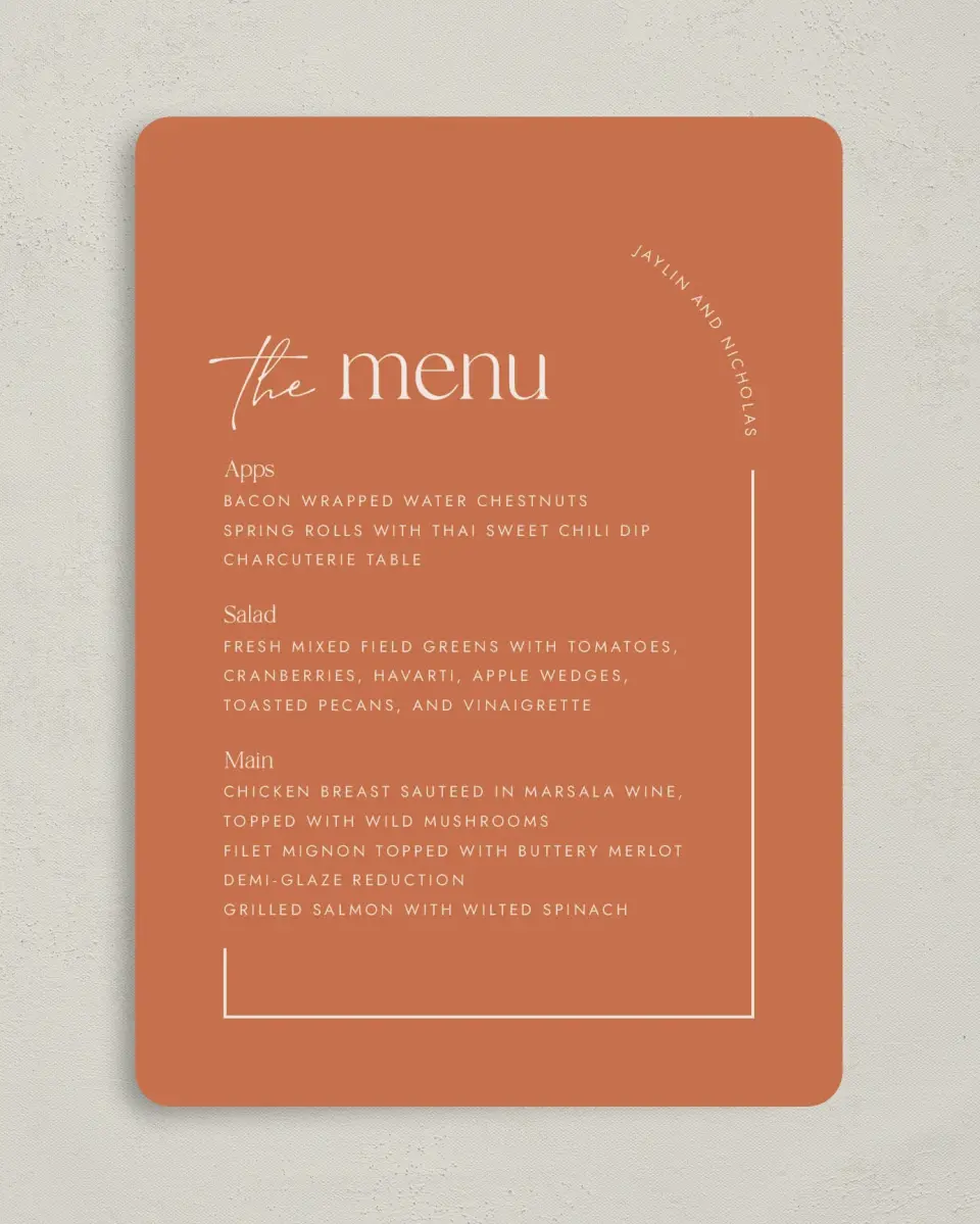 This is a 5" x 7" Wedding Menu Card called The Jaylin printed in full color on Premium Smooth paper