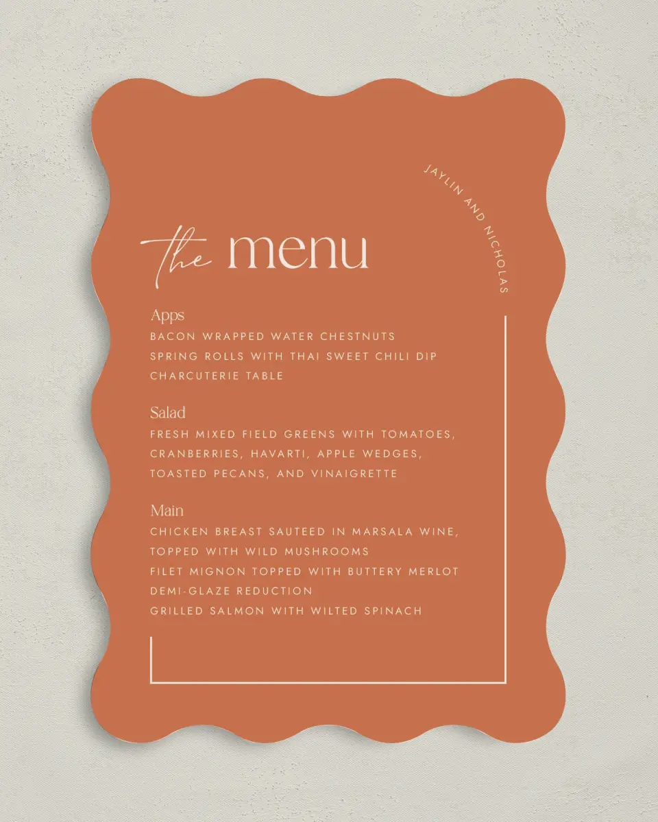 This is a 5" x 7" Wedding Menu Card called The Jaylin printed in full color on Premium Smooth paper