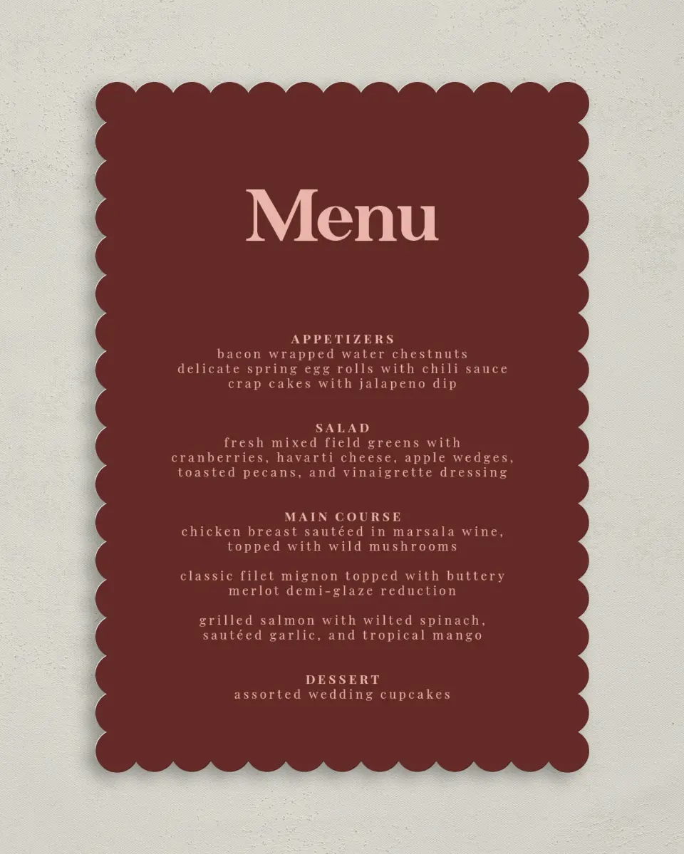 This is a 5" x 7" Wedding Menu Card called The Laura printed in full color on Premium Smooth paper