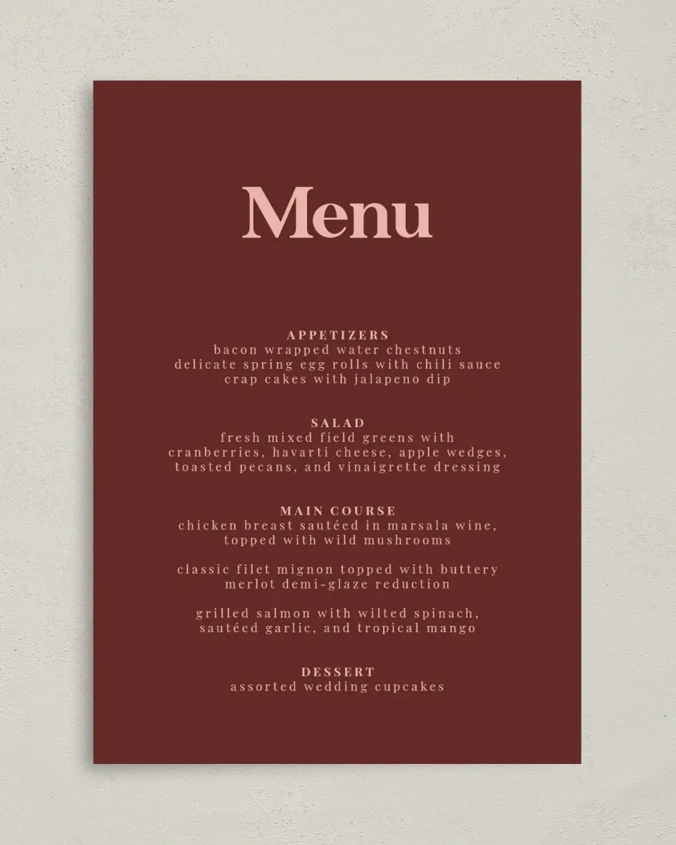 This is a 5" x 7" Wedding Menu Card called The Laura printed in full color on Premium Smooth paper