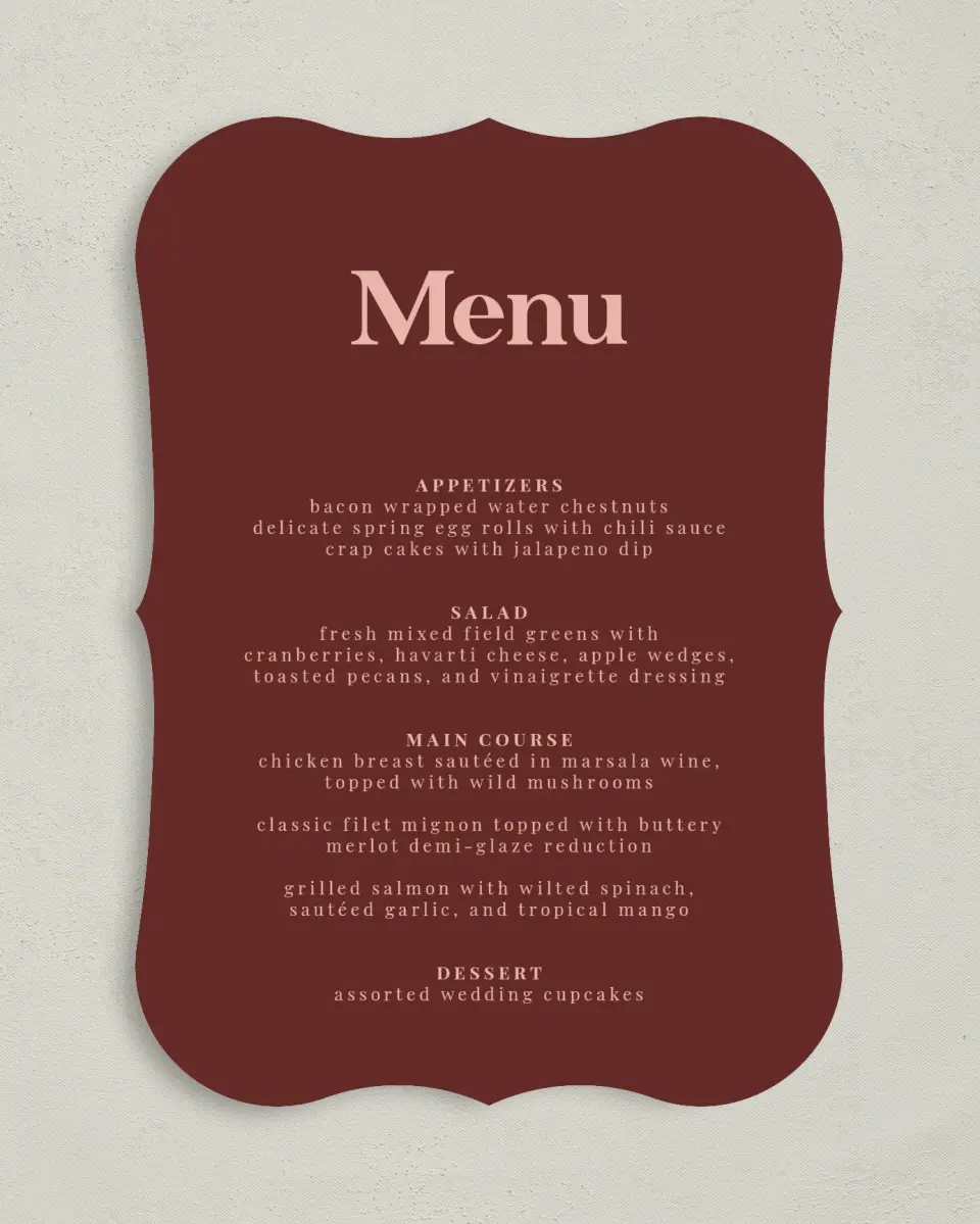 This is a 5" x 7" Wedding Menu Card called The Laura printed in full color with Silver foil on Luxe Satin (coated) paper