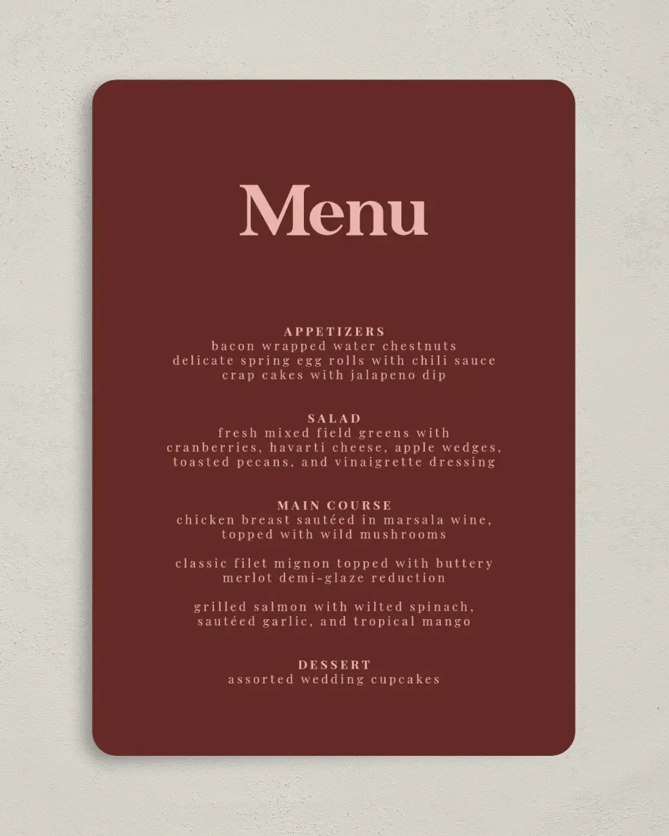 This is a 5" x 7" Wedding Menu Card called The Laura printed in full color on Premium Smooth paper