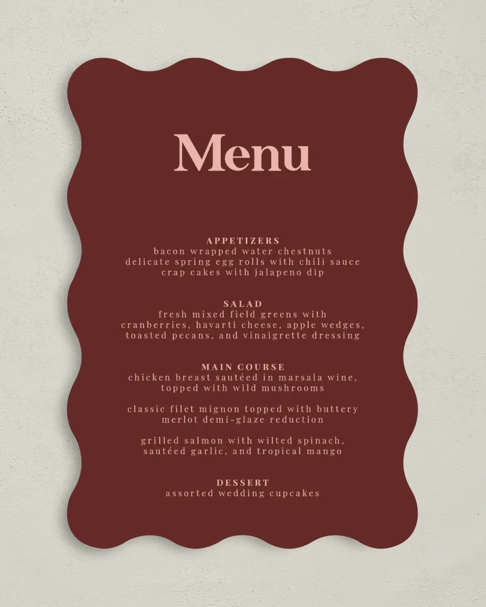 This is a 5" x 7" Wedding Menu Card called The Laura printed in full color on Premium Smooth paper