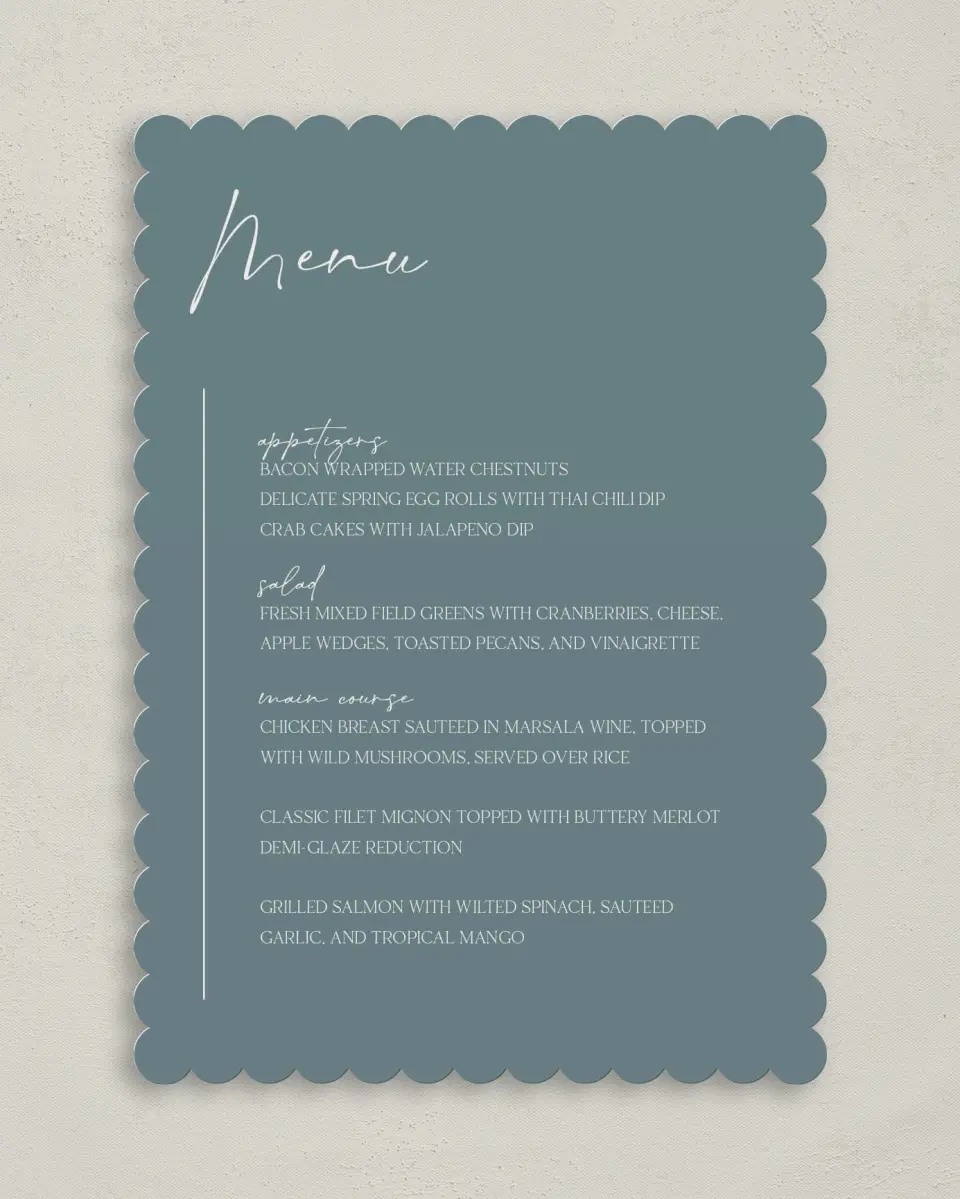 This is a 5" x 7" Wedding Menu Card called The Ashlyn printed in full color on Premium Smooth paper