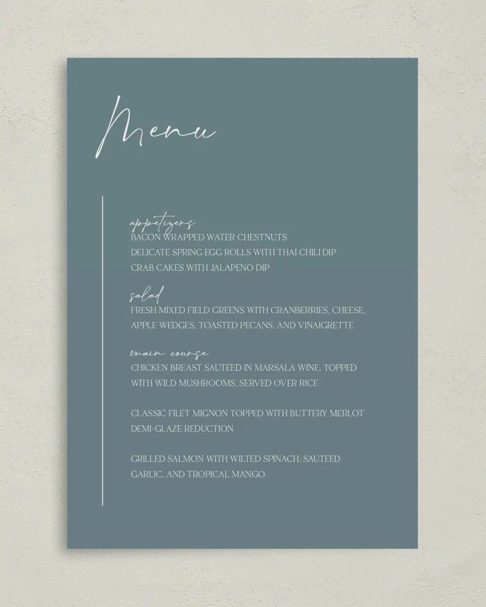 This is a 5" x 7" Wedding Menu Card called The Ashlyn printed in full color on Premium Smooth paper