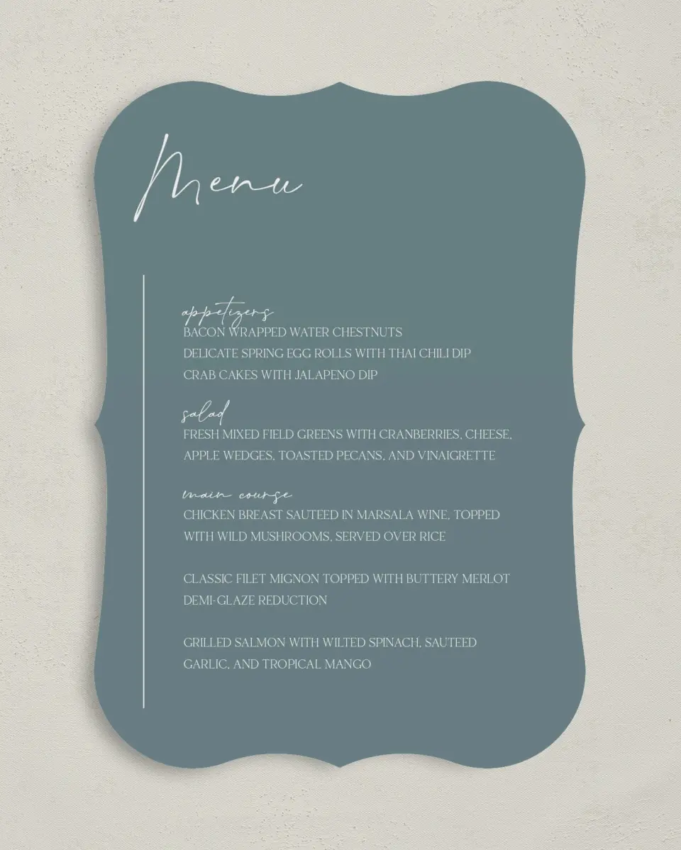 This is a 5" x 7" Wedding Menu Card called The Ashlyn printed in full color with Silver foil on Luxe Satin (coated) paper