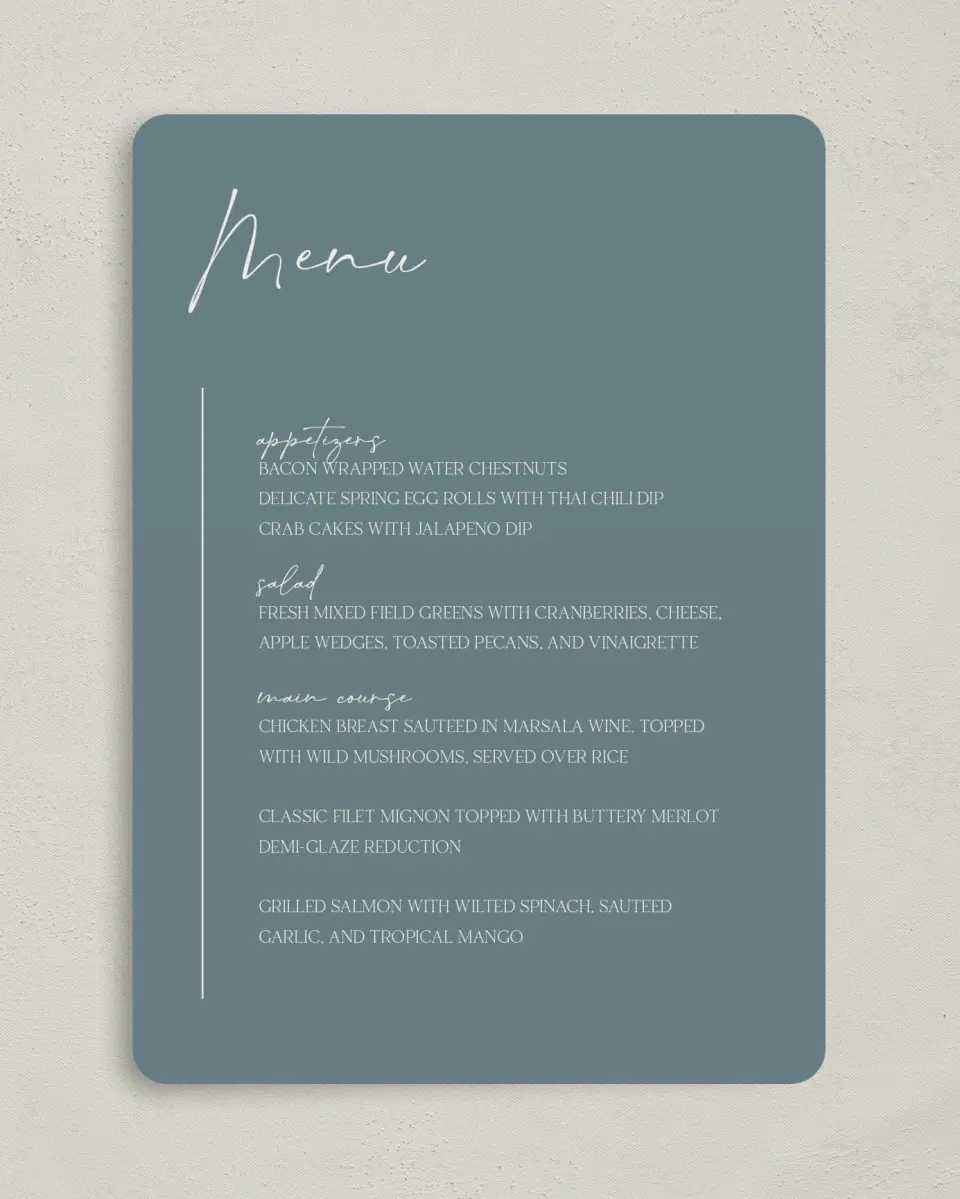 This is a 5" x 7" Wedding Menu Card called The Ashlyn printed in full color on Premium Smooth paper