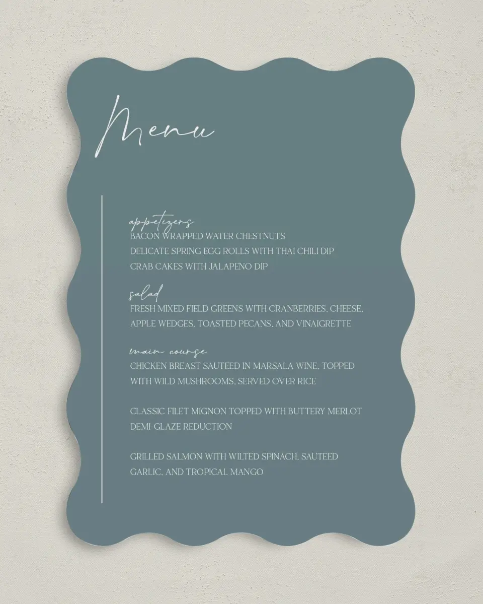This is a 5" x 7" Wedding Menu Card called The Ashlynn printed in full color on Premium Smooth paper