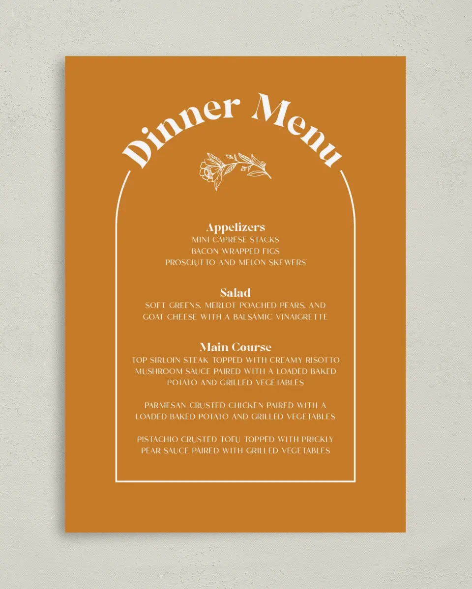 This is a 5" x 7" Wedding Menu Card called The Kandace printed in full color on Premium Smooth paper