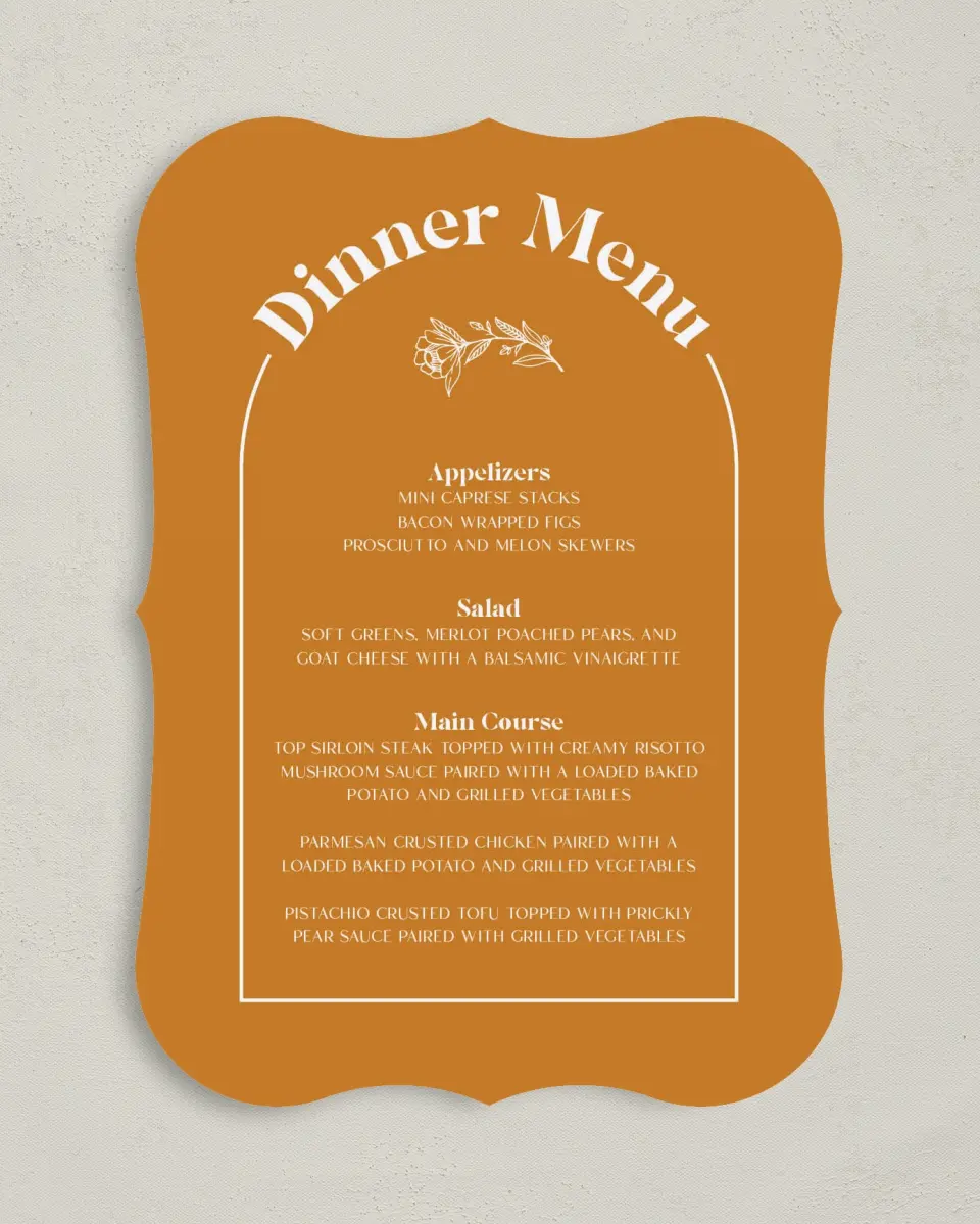 This is a 5" x 7" Wedding Menu Card called The Kandice printed in full color on Premium Smooth paper