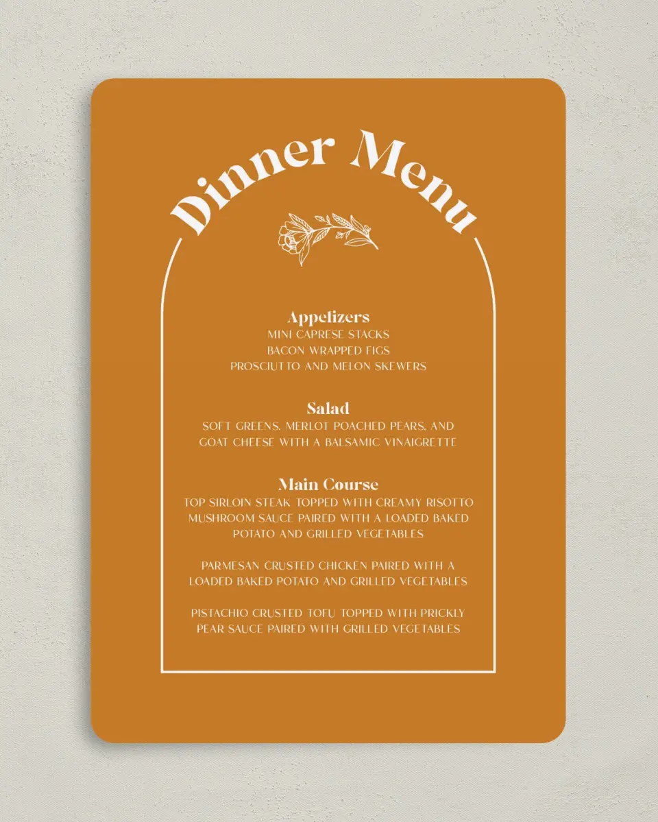 This is a 5" x 7" Wedding Menu Card called The Kandice printed in full color on Premium Smooth paper