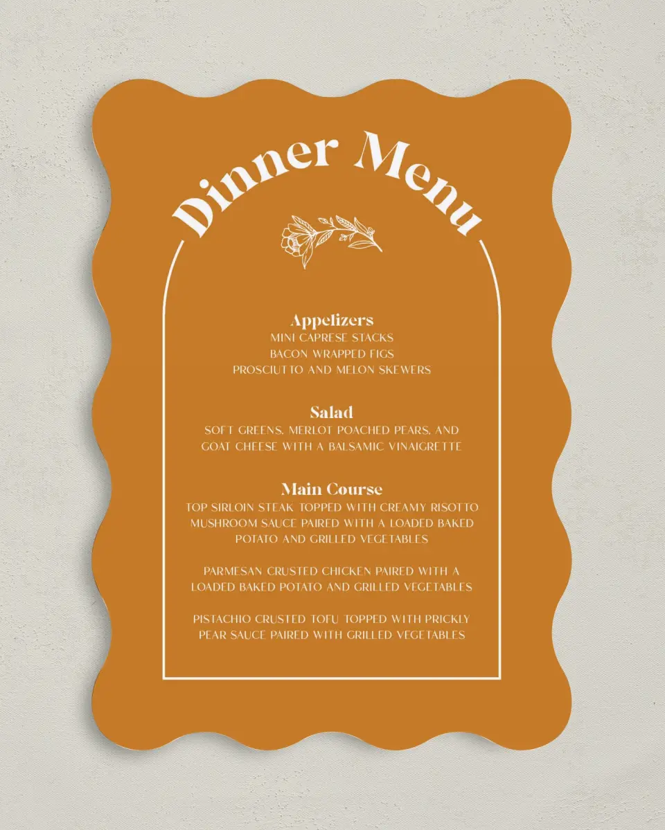 This is a 5" x 7" Wedding Menu Card called The Kandice printed in full color on Premium Smooth paper