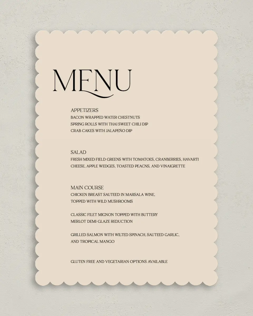 This is a 5" x 7" Wedding Menu Card called The Lucy printed in full color on Premium Smooth paper