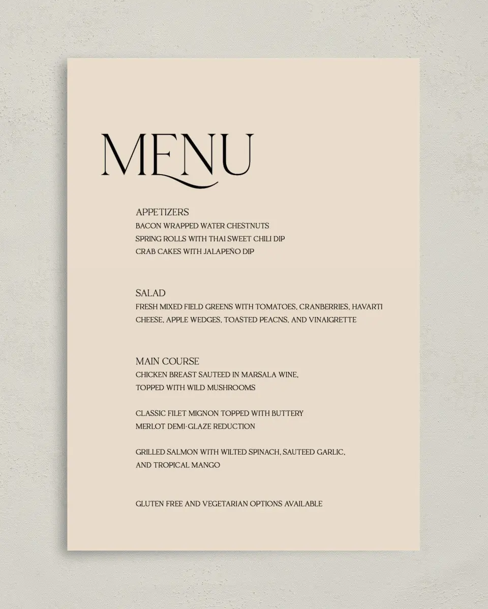 This is a 5" x 7" Wedding Menu Card called The Lucy printed in full color on Premium Smooth paper