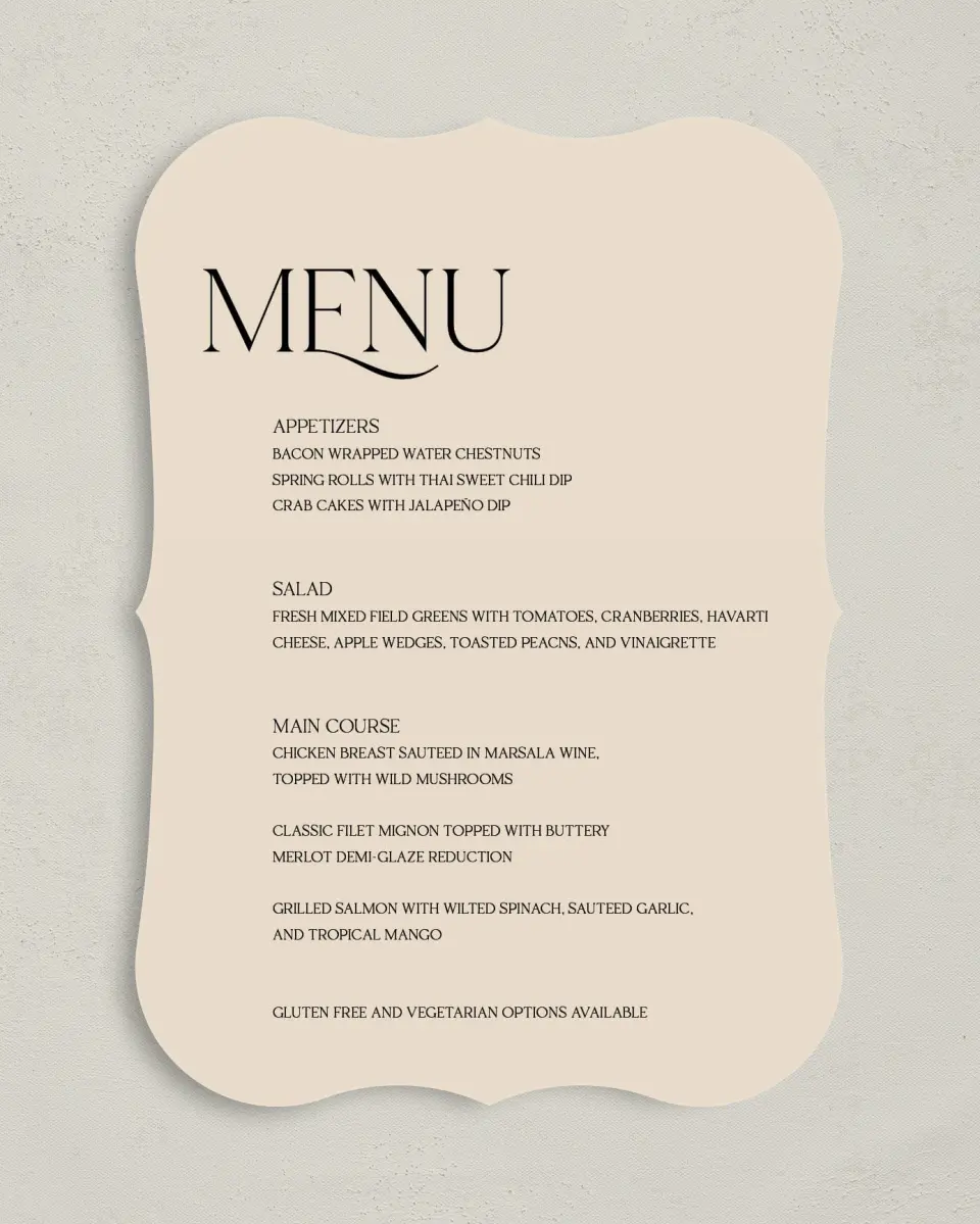 This is a 5" x 7" Wedding Menu Card called The Lucy printed in full color with Silver foil on Luxe Satin (coated) paper