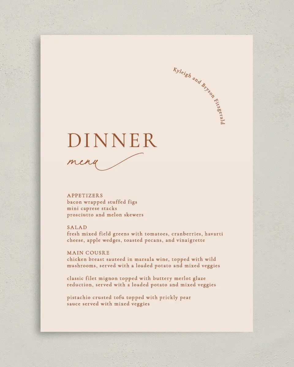 This is a 5" x 7" Wedding Menu Card called The Kyleigh printed in full color on Premium Smooth paper