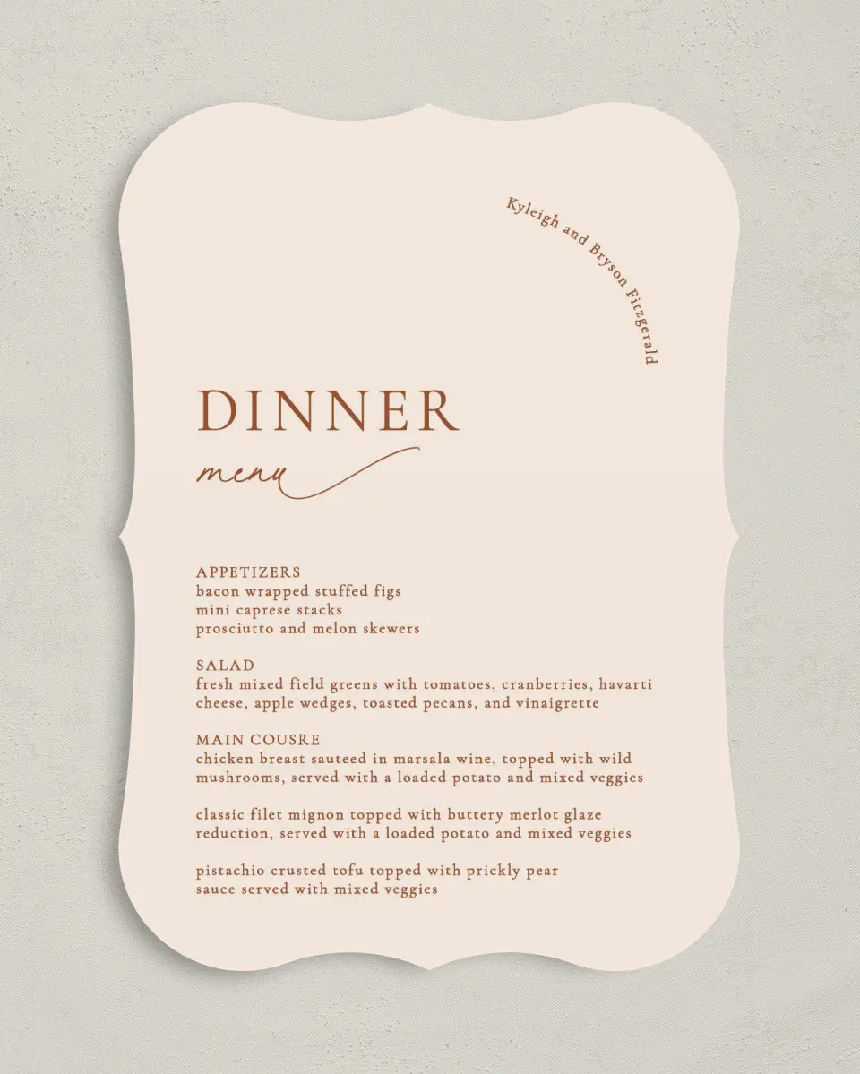 This is a 5" x 7" Wedding Menu Card called The Kyleigh printed in full color with Silver foil on Luxe Satin (coated) paper