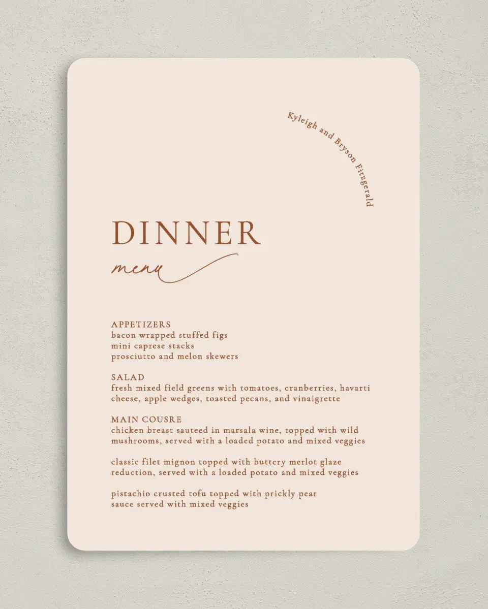 This is a 5" x 7" Wedding Menu Card called Teh Kyleigh printed in full color on Premium Smooth paper