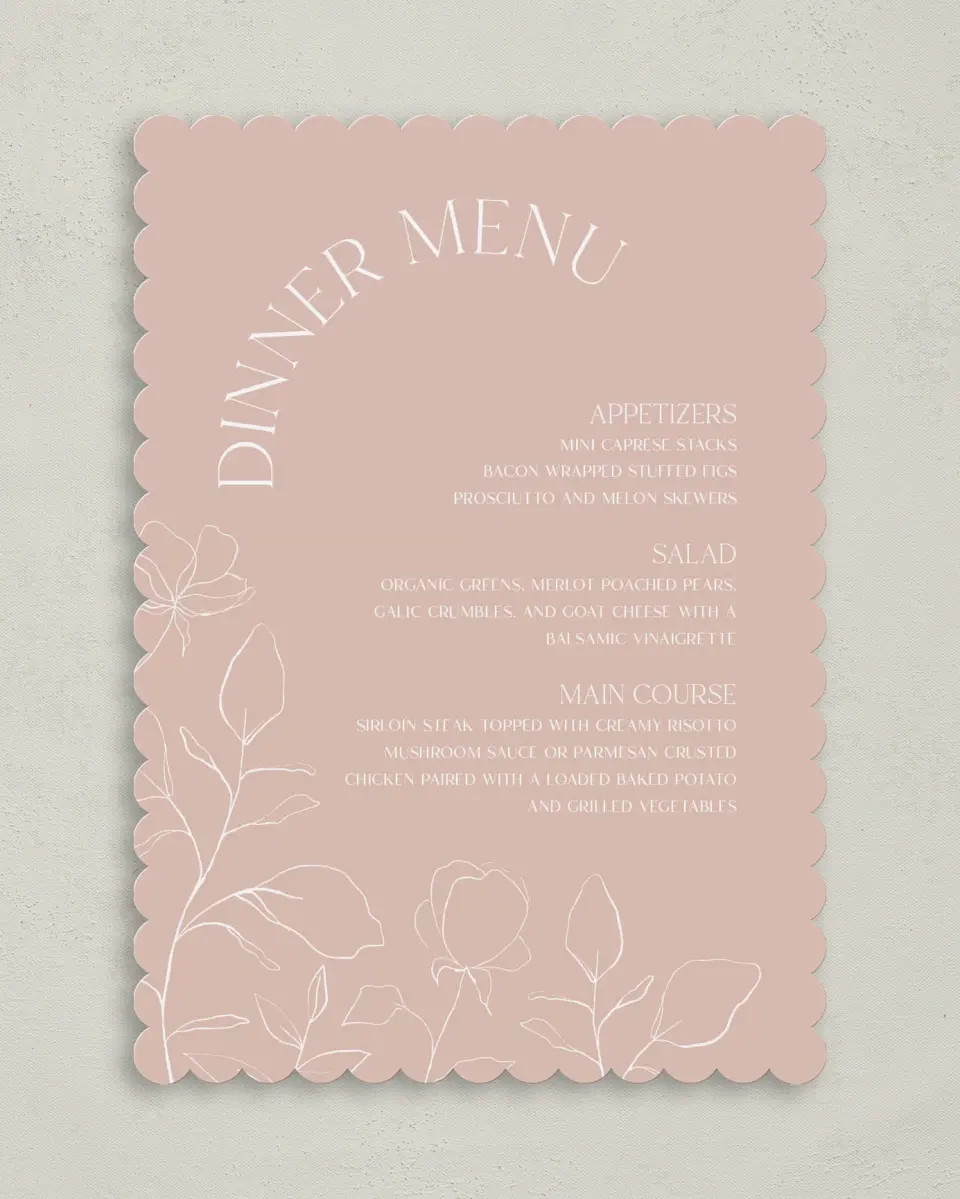 This is a 5" x 7" Wedding Menu Card called The Sadie printed in full color on Premium Smooth paper