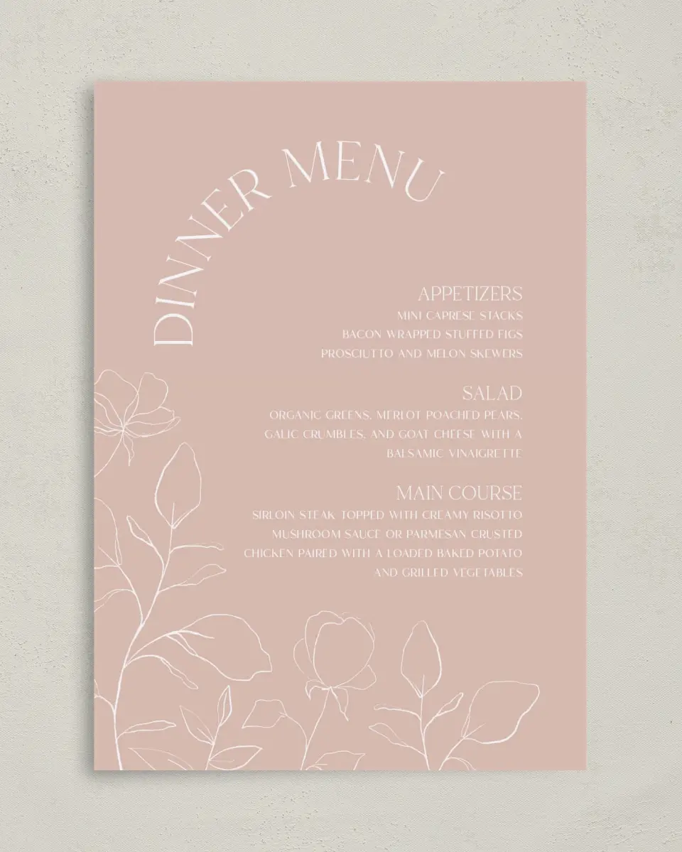 This is a 5" x 7" Wedding Menu Card called The Sadie printed in full color on Premium Smooth paper