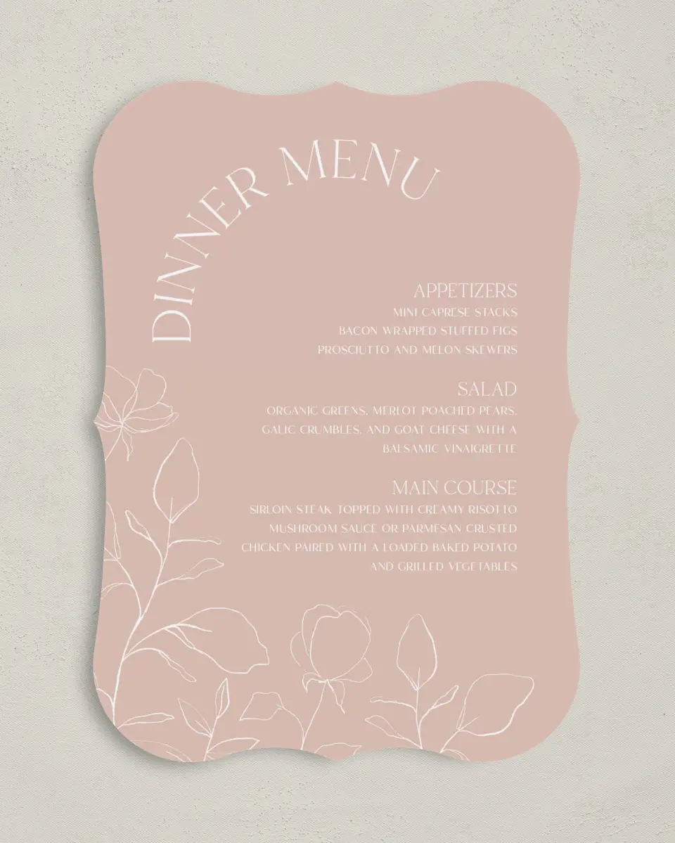 This is a 5" x 7" Wedding Menu Card called The Sadie printed in full color with Silver foil on Luxe Satin (coated) paper
