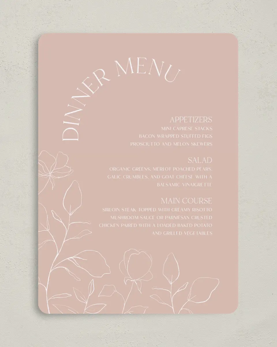 This is a 5" x 7" Wedding Menu Card called The Sadie printed in full color on Premium Smooth paper