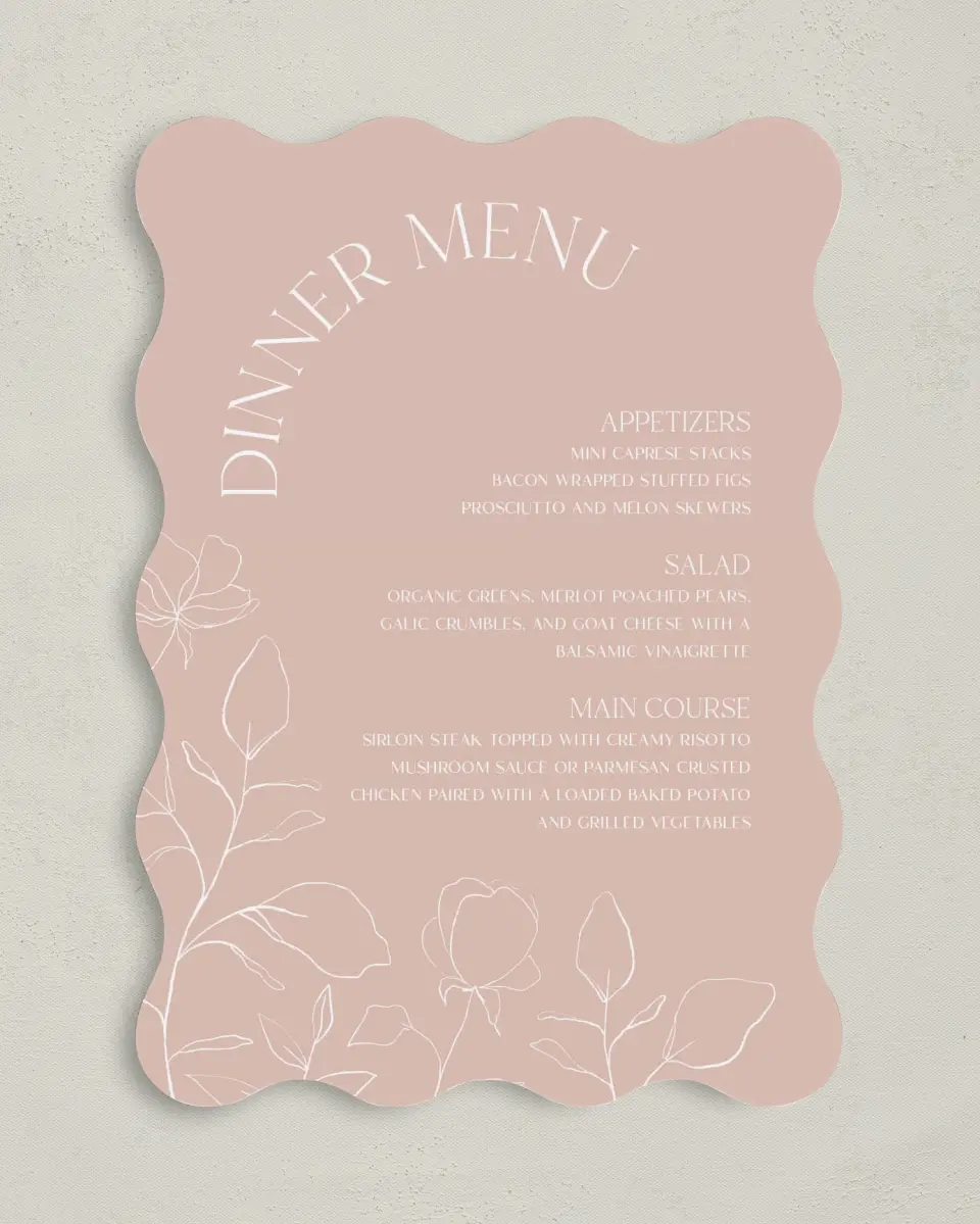 This is a 5" x 7" Wedding Menu Card called The Sadie printed in full color on Premium Smooth paper
