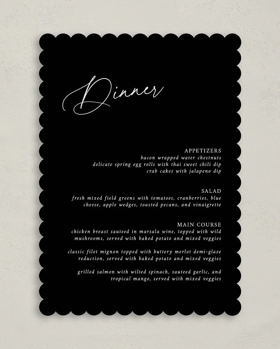 This is a 5" x 7" Wedding Menu Card called The Christina printed in full color on Premium Smooth paper
