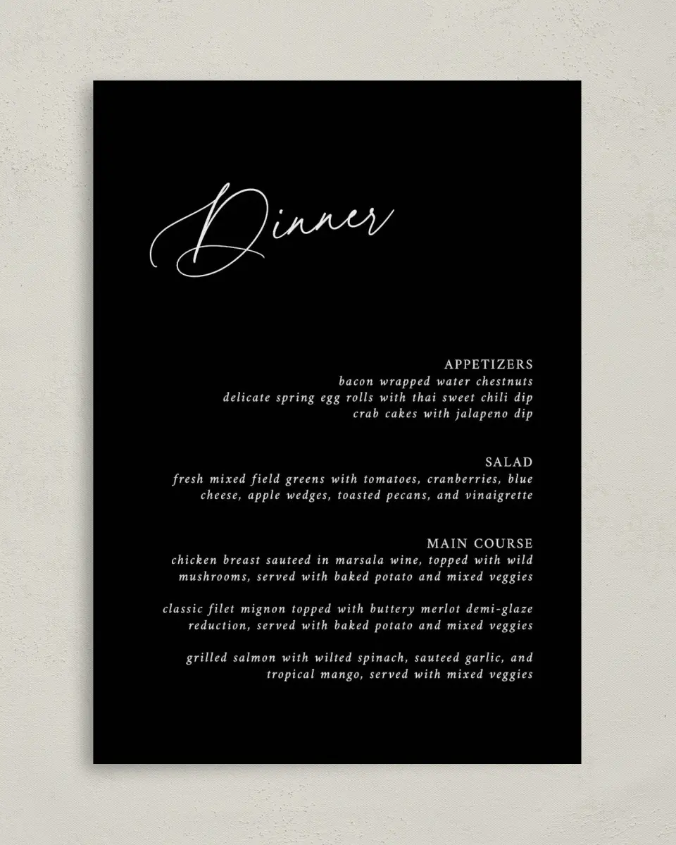 This is a 5" x 7" Wedding Menu Card called The Christina printed in full color on Premium Smooth paper