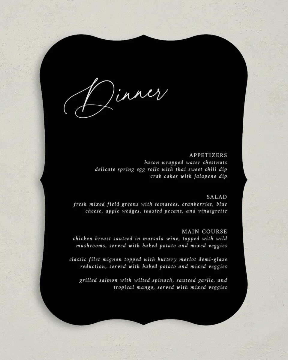 This is a 5" x 7" Wedding Menu Card called The Christina printed in full color with Silver foil on Luxe Satin (coated) paper
