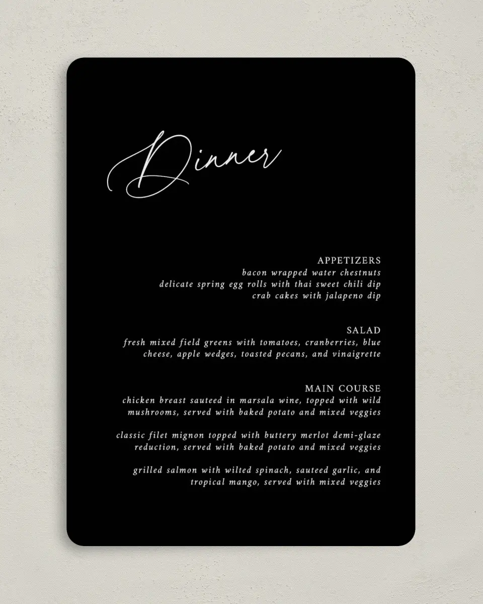 This is a 5" x 7" Wedding Menu Card called The Christina printed in full color on Premium Smooth paper