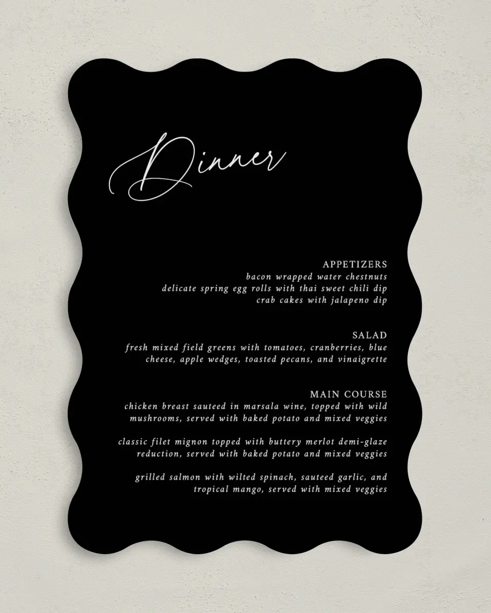 This is a 5" x 7" Wedding Menu Card called The Christina printed in full color on Premium Smooth paper