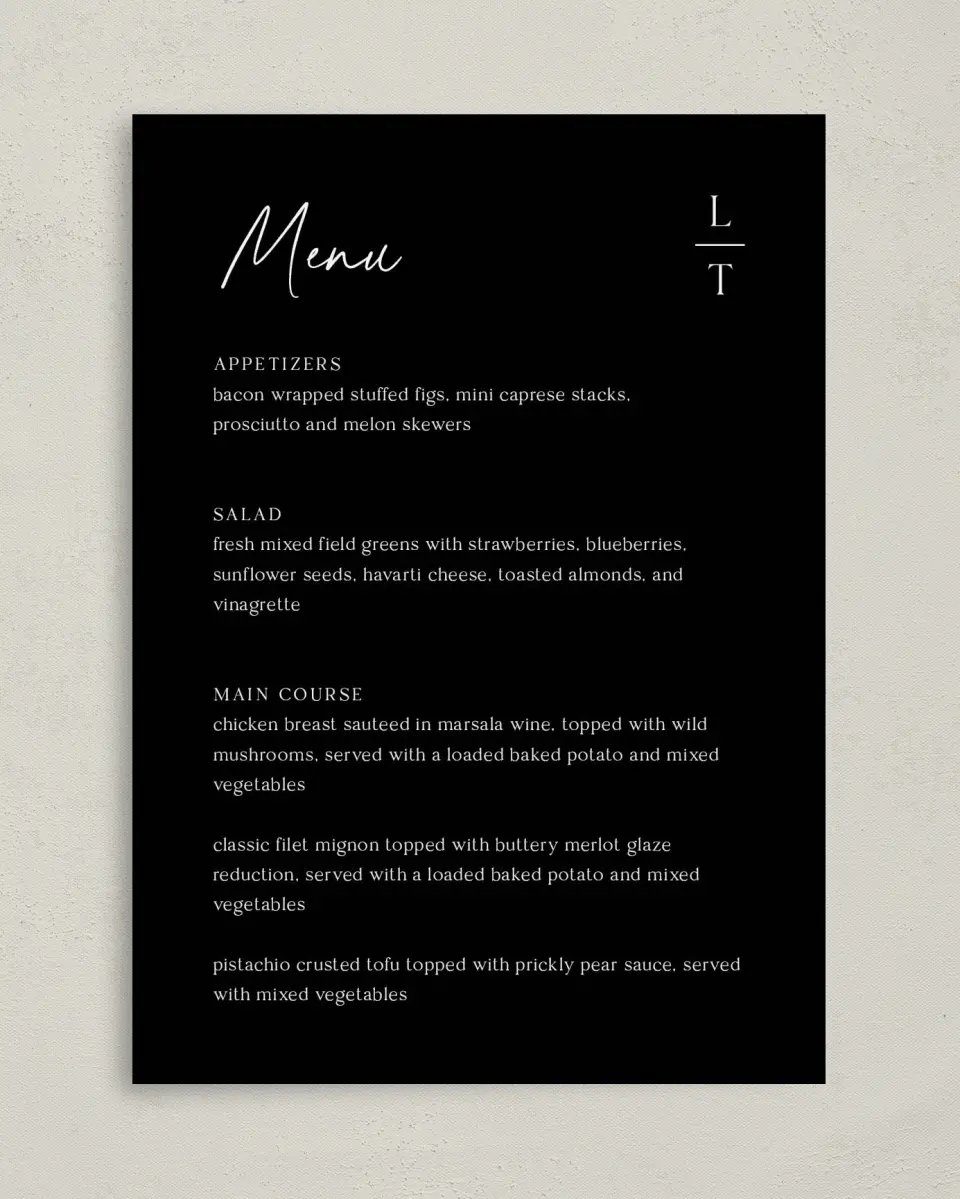 This is a 5" x 7" Wedding Menu Card called The Lauren printed in full color on Premium Smooth paper