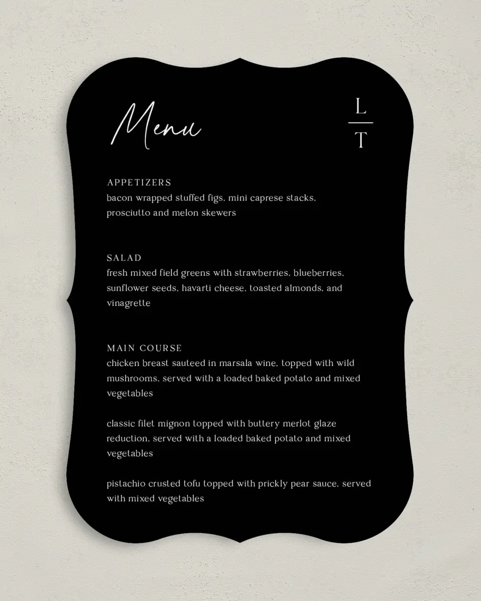This is a 5" x 7" Wedding Menu Card called The Lauren printed in full color on Premium Smooth paper