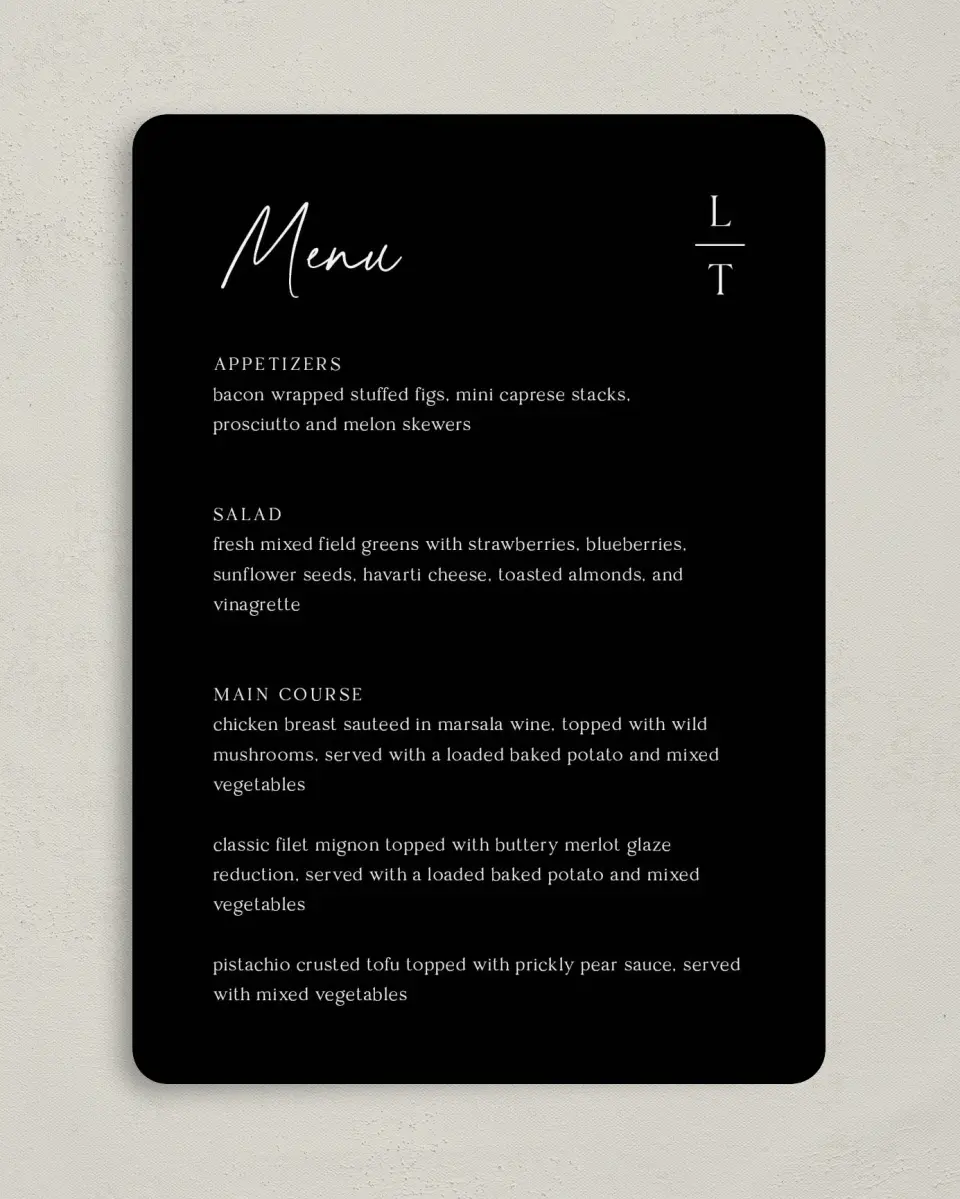 This is a 5" x 7" Wedding Menu Card called The Lauren printed in full color on Premium Smooth paper