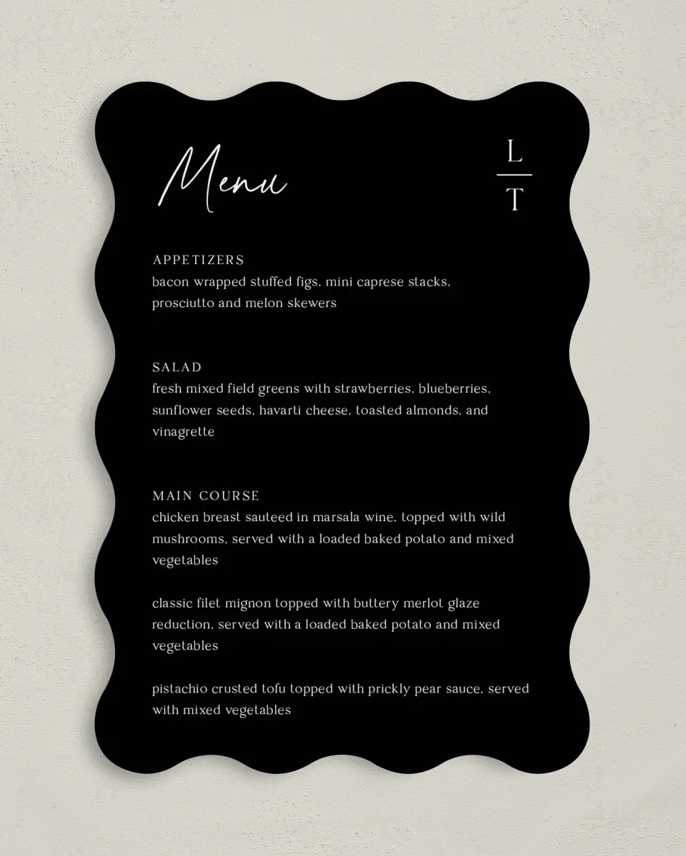 This is a 5" x 7" Wedding Menu Card called The Lauren printed in full color on Premium Smooth paper