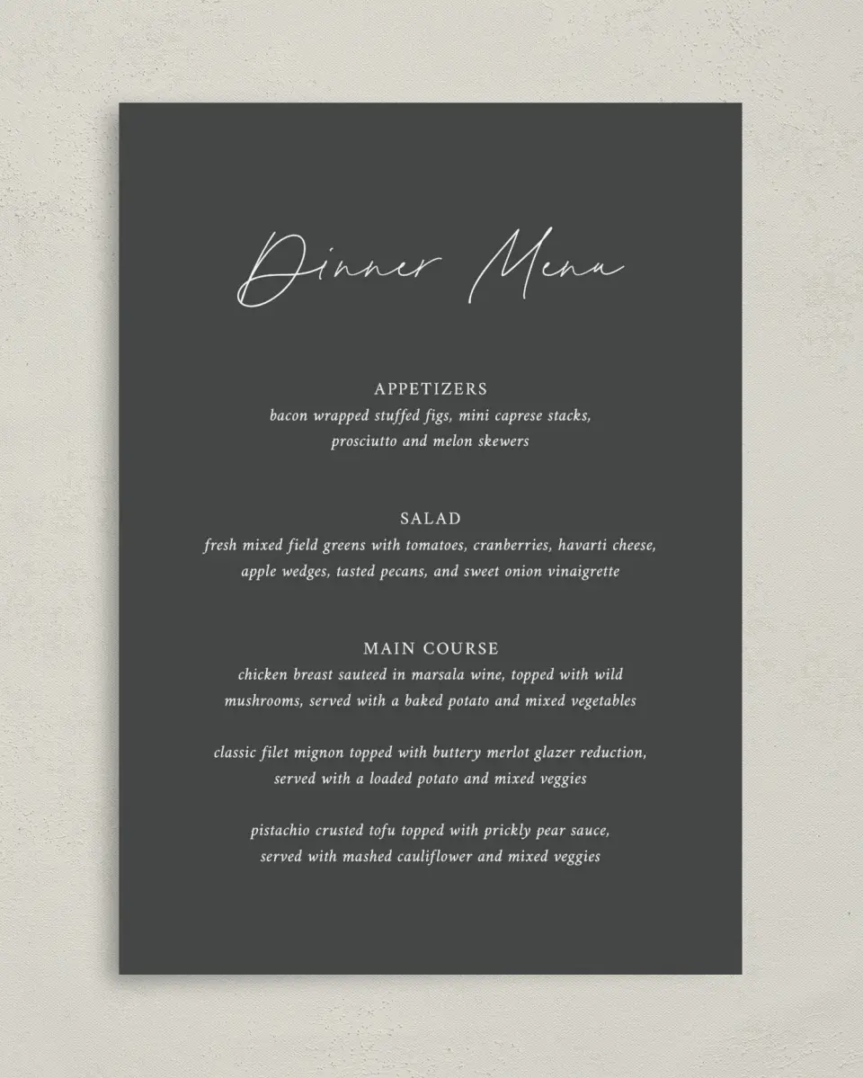 This is a 5" x 7" Wedding Menu Card called The Madelyn printed in full color on Premium Smooth paper