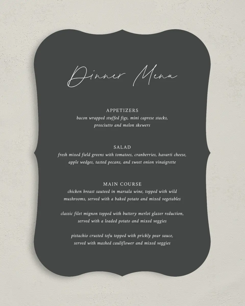 This is a 5" x 7" Wedding Menu Card called The Madelyn printed in full color on Premium Smooth paper